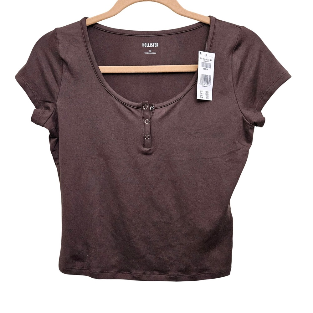 Hollister Henley Top Womens M Brown Short Sleeve Scoop Neck Cropped Casual Basic